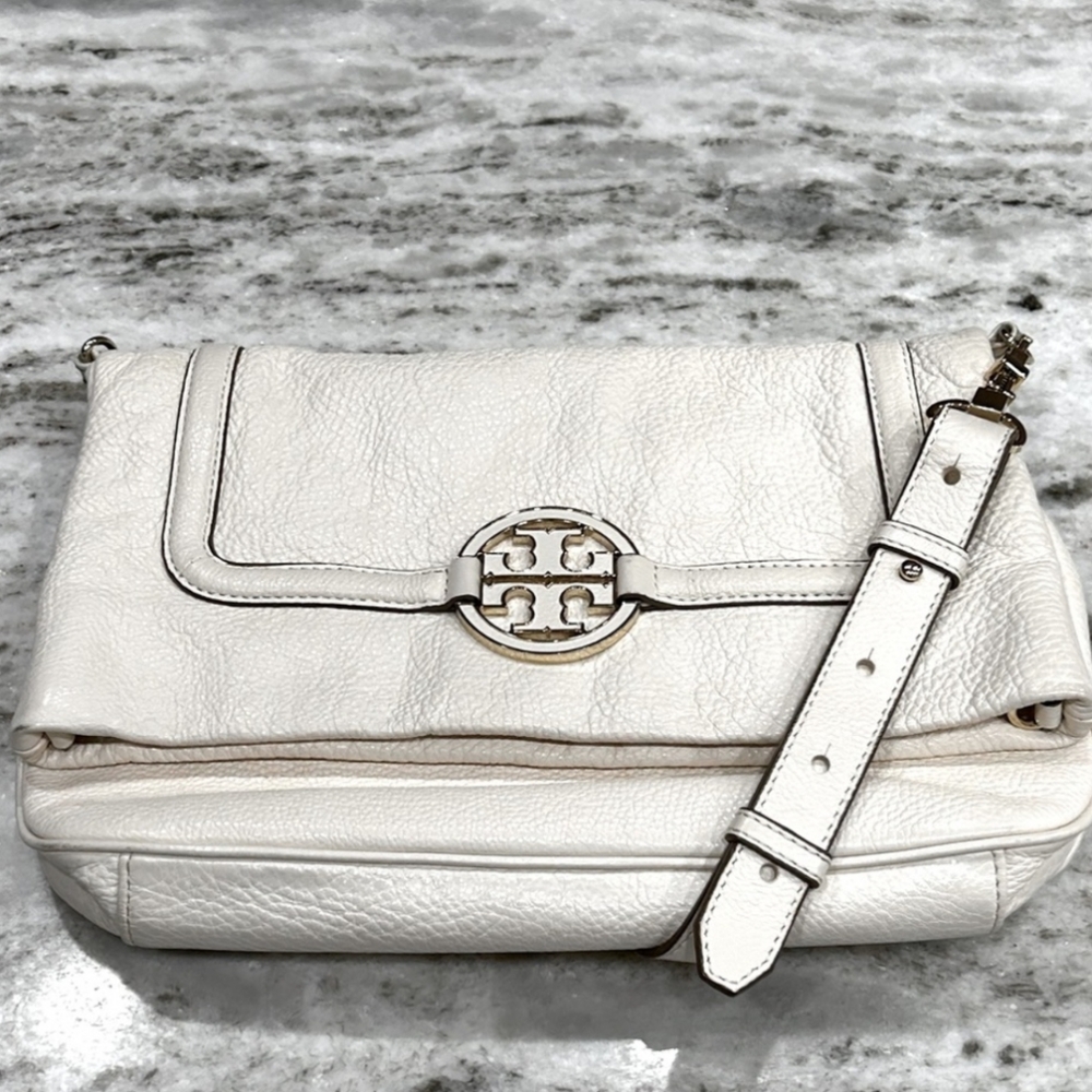 Tori Burch White Leather Crossbody Fold Over Bag